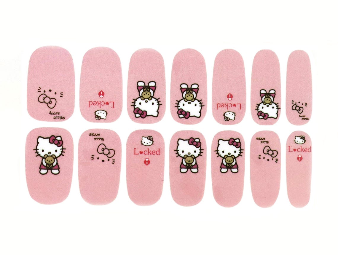 Cute Pink Nail Wraps / Cat Hello Kitty Nail Polish Strips / 