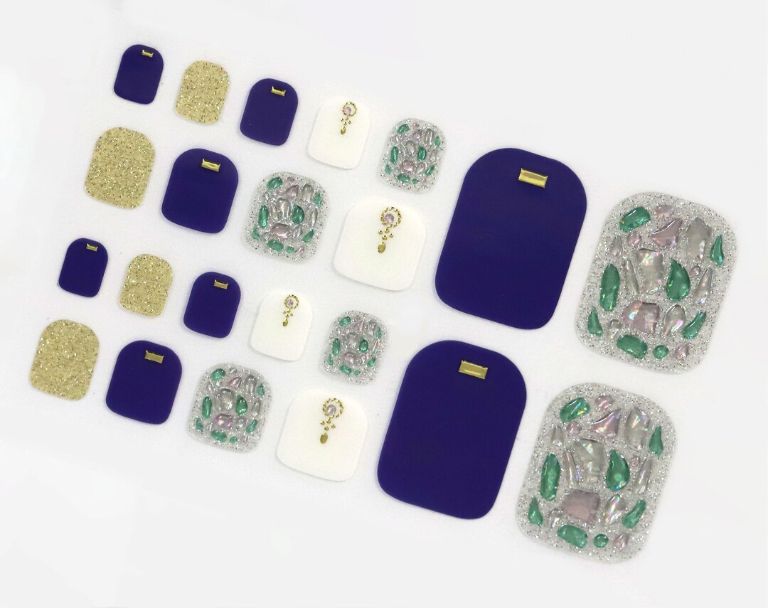 Glitter Crystal Nail Wraps for Toes / Navy Blue & Gold Toe Nail Polish