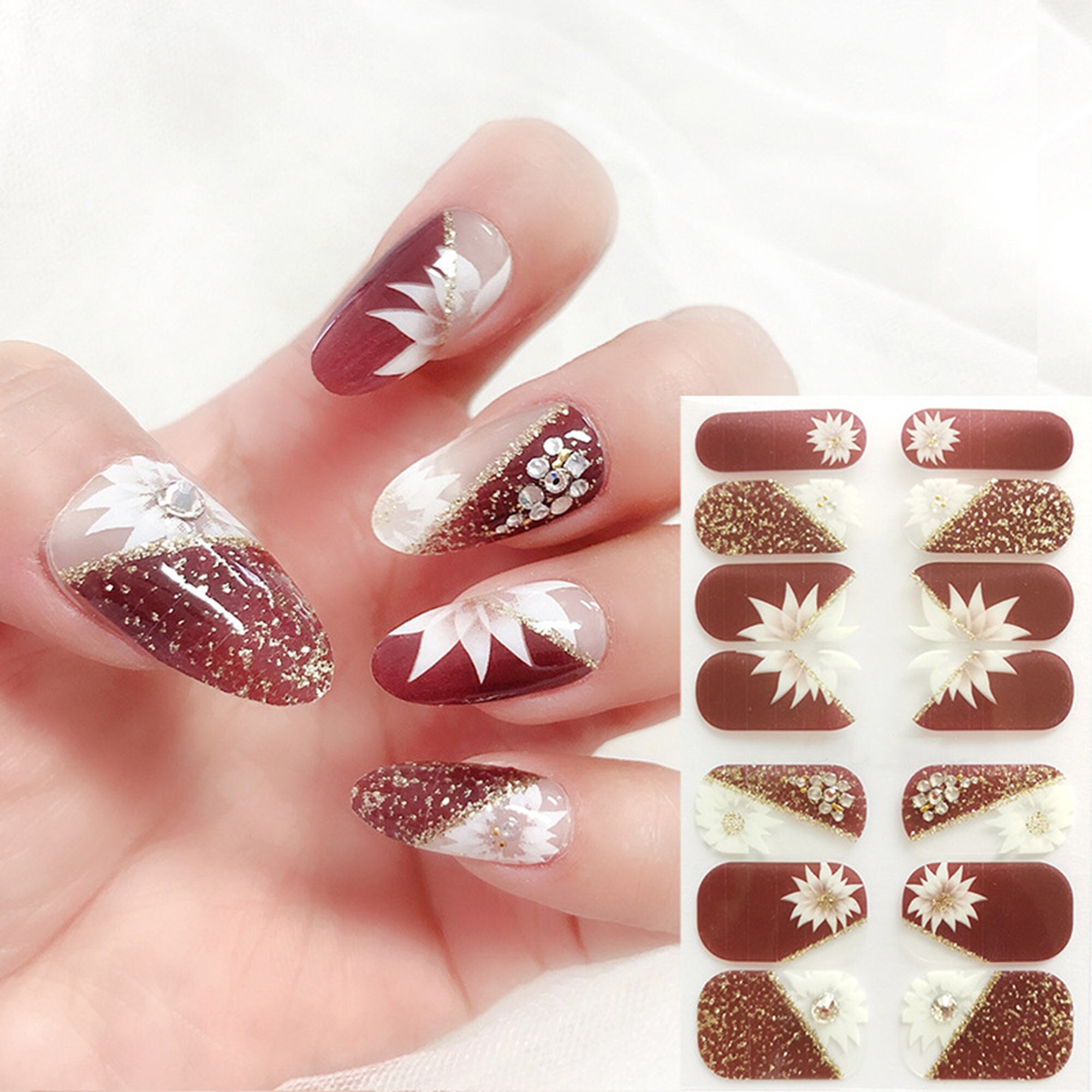White Flower Lace Overlay Nail Wraps / 3D Rhinestone Gold Glitter Burgundy Red Nail Strips / Fall Floral Daisy Nail Sticker - Premium Design