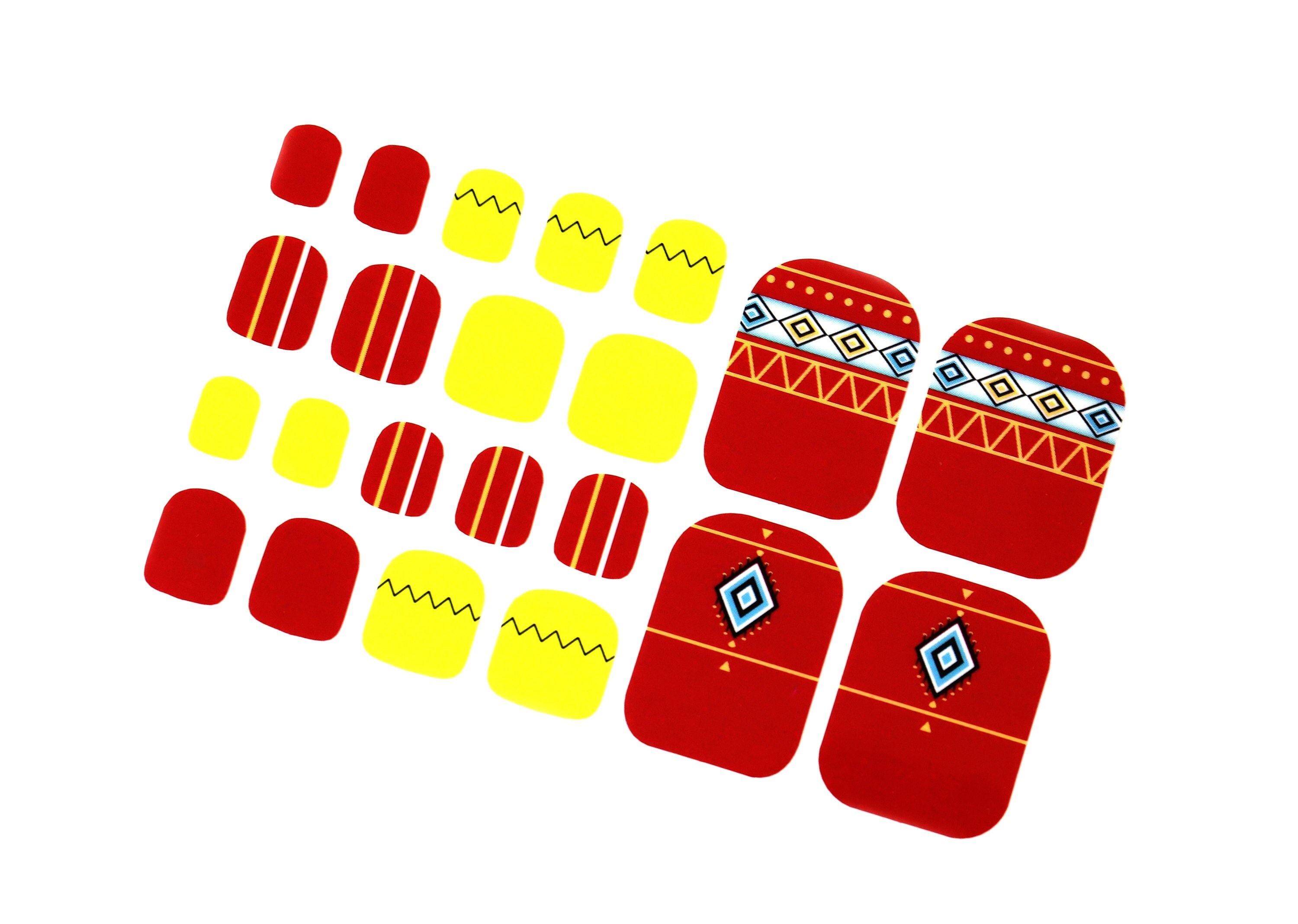 Colorful Aztec Toe Nail Wraps / Burgundy Red & Yellow Toe Nail Polish Strips / Cute Toe Nail Stickers / Pedicure Women Nail Wraps