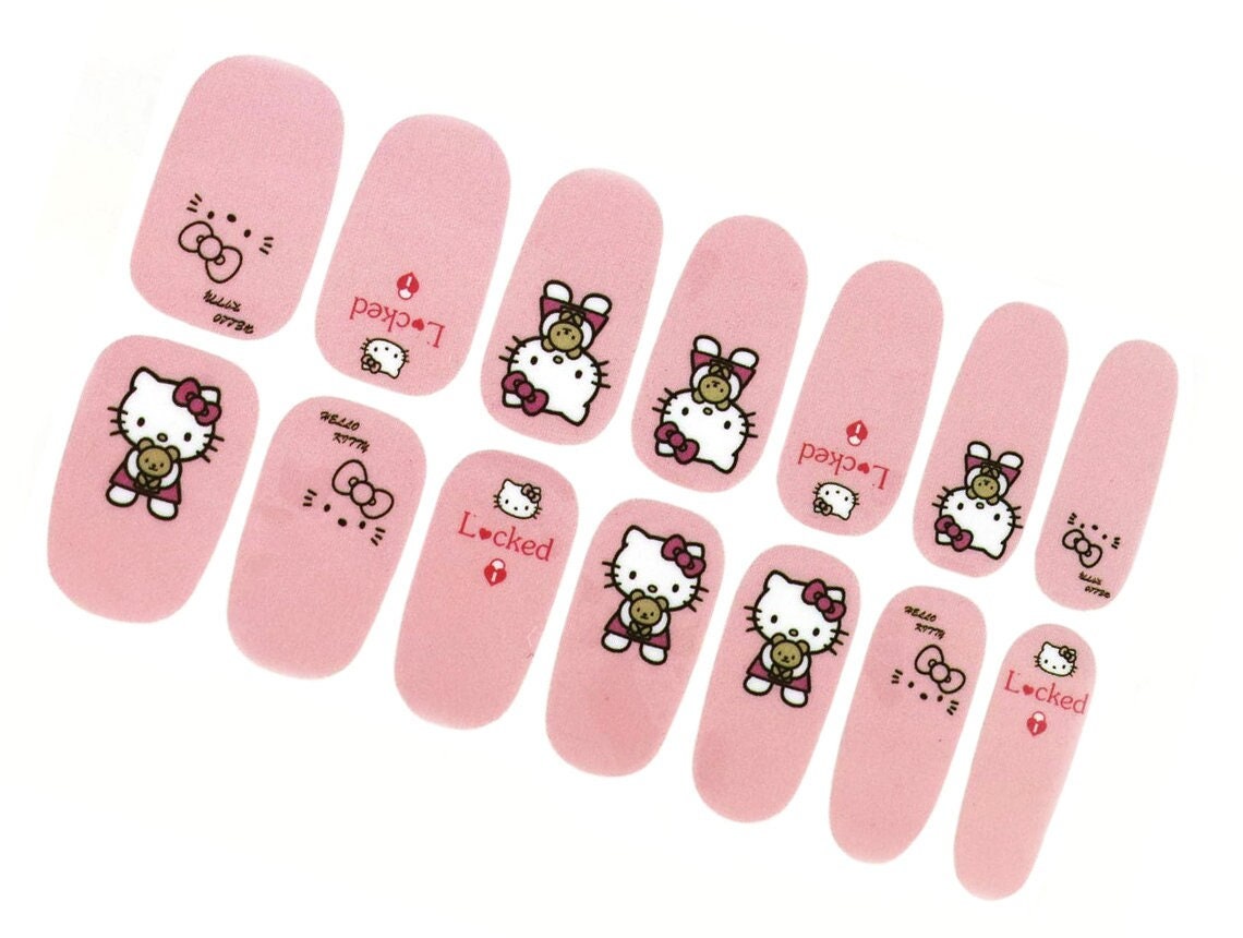 Cute Pink Nail Wraps / Cat Hello Kitty Nail Polish Strips / Etsy