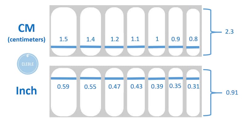 May include: A ruler with markings in both inches and centimeters. The ruler is divided into sections, each with a corresponding measurement. The ruler is 2.3 inches or 5.8 centimeters long.