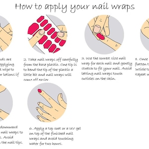 May include: How to apply nail wraps: a step-by-step guide with illustrations showing how to prepare your nails, apply the wraps, and seal them with a top coat.