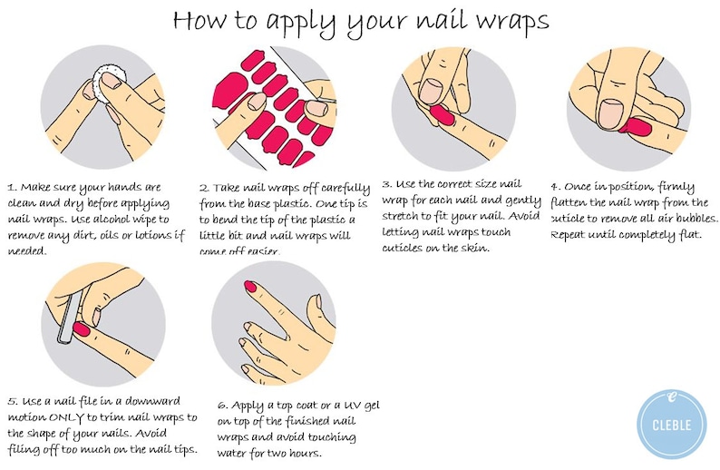 May include: How to apply nail wraps: a step-by-step guide with illustrations showing how to prepare your nails, apply the wraps, and seal them with a top coat.