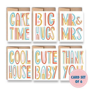 Lot de 6 cartes typographiques colorées de style rétro, Célébrer les beaux jours