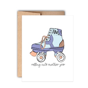 Rétro Roller Skates Letterpress Anniversaire | Passer à une autre carte d’année | Carte d’anniversaire de patin à roulettes | Carte d'anniversaire rétro