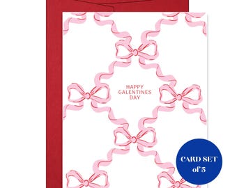 Letterpress Galentines Day Pink Bows Card Set, Handmade Cotton Paper (Set of 5)