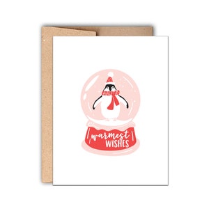 Tarjeta de tipografía navideña con los deseos más cálidos, linda tarjeta de Navidad, tarjeta navideña para los amantes de los pingüinos, tarjeta navideña con globo de nieve, Navidad rosa