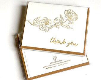 Letterpress Thank You Card Set - Gold Peony Thank You Card Set, Thank You Gift, Set of Thank You Cards, Wedding Thank You Card Set