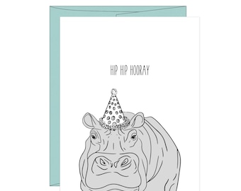 Op de afbeelding: Een zwart-witte illustratie van een nijlpaard dat een feestmuts draagt met de tekst "HIP HIP HOORAY" erboven.