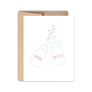 Boekdruk babykaart - Poppin' flessen, grappige baby shower kaart, nieuwe babykaart, genderneutrale babykaart