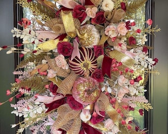 Pink and Gold Fall Swag Wreath With Velvet Pumpkin, Cream Roses and ...