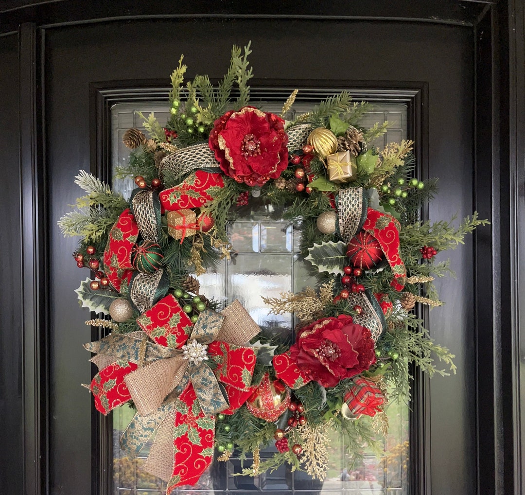 Red Green and Gold Christmas Floral Ribbon Wreath - Etsy