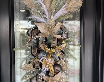 Luxe Black and Gold Poinsettia Ribbon Reindeer Christmas Door Swag