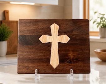 Handmade Cross Inlay Cutting Board, Solid Hardwood Christian Serving Board