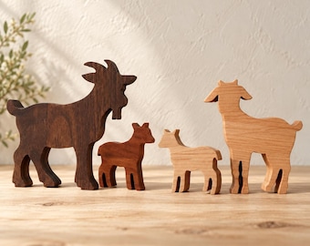 Solid Hardwood Goat Family Figurines: 4-Piece Farmhouse Shelf Decor