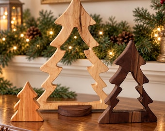 Nesting Wooden Christmas Tree Set, Solid Hardwood Holiday Decor, Maple Cherry and Walnut