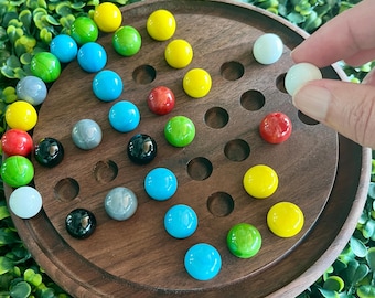 Handcrafted Wood Marble Solitaire Travel Game: Classic Peg Puzzle