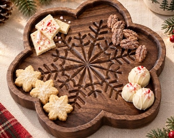 Wooden Snowflake Snack Tray: Solid Hardwood Christmas Candy Dish & Winter Table Decor