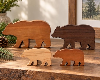 Solid Hardwood Bear Family Figurines: 4-Piece Woodland Nursery Decor