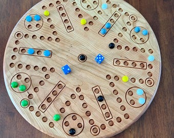 Handmade Aggravation Game – 6-Player Circular Board with Marbles & Dice, Maple, Cherry, or Walnut Wood
