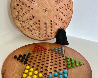 Reversible Wooden Game Board: Chinese Checkers, Wahoo and Checkers - Maple, Cherry, or Walnut