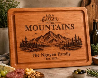 Personalized Mountain Family Hardwood Charcuterie Board | Maple Cherry Serving Gift