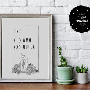 Tequila Art, Bar Digital Prints, Minimalist Print, Home Bar Decor, Printable Art, Digital Download, Bar Cart, Bar Wall Art (Te Amo Tequila)