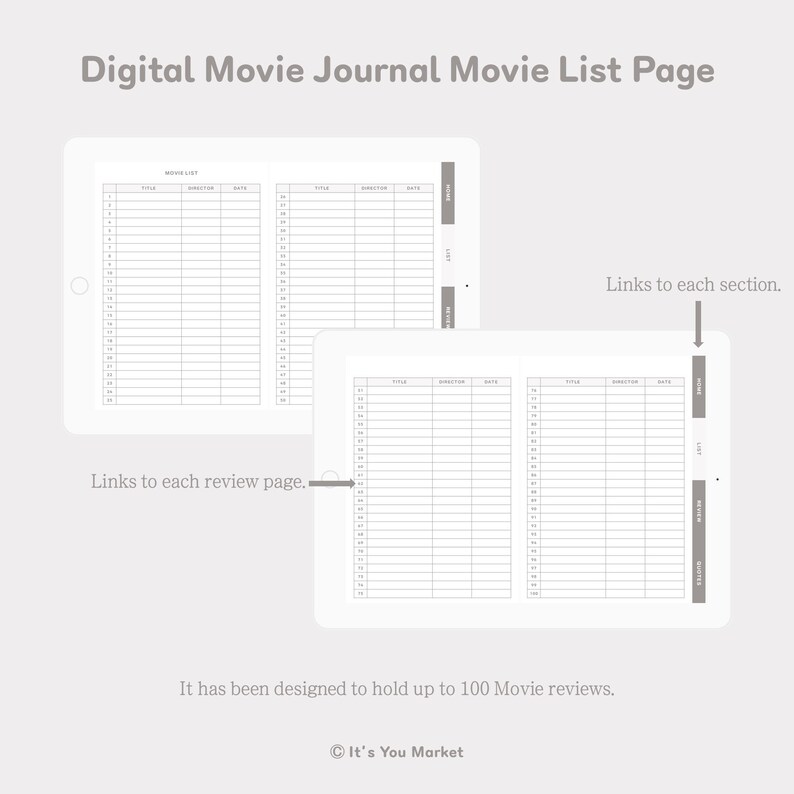 Digital Movie Journal, Movie Log, 100 Movie Challenge for Goodnotes ...