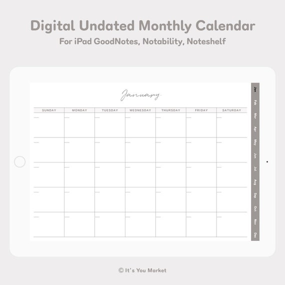 Digital Undated Monthly Calendar, Monthly Plannerhyperlink for iPad  Goodnotes, Notability, Noteshelf Minimal Digital Planner - Etsy