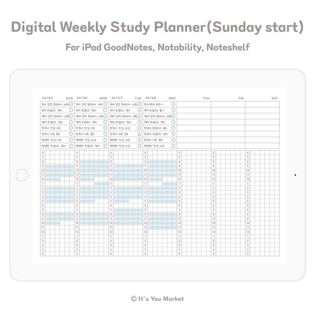 Digital Weekly Study Planner, 10 Minute Planner for iPad Goodnotes, Notability, Noteshelf sunday