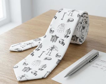 Anatomy Sketch Necktie, Vintage Medical Anatomy Tie, Skeleton Skull Bone Print Tie, Gift for Doctor Med Student Radiologist Anatomist