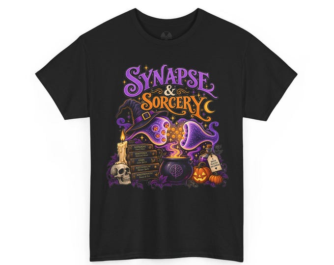 Synapse & Sorcery Halloween Neuroscience Shirt, Neurotransmitter Brain Science Tee, Neuroscientist Neurology Student Gift