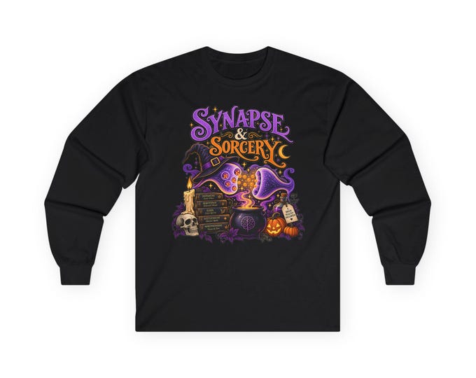 Synapse & Sorcery Halloween Neuroscience Long Sleeve, Neurotransmitter Brain Science Tee, Neuroscientist Neurology Student Gift