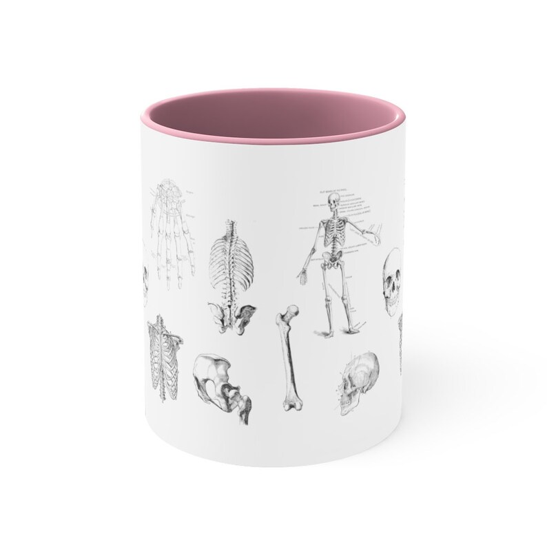 May include: White ceramic mug with a pink interior. The mug features a black and white anatomical illustration of a human skeleton with various bones and the skull.