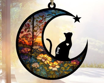Cat Memorial Suncatcher, Personalized Cat with Name, Loss of Pet Sympathy Gift, Stained Glass Light Catcher, Engraved Cat Lovers Gifts