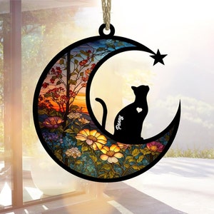 Cat Memorial Suncatcher, Personalized Cat with Name, Loss of Pet Sympathy Gift, Stained Glass Light Catcher, Engraved Cat Lovers Gifts