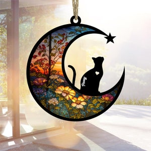 Cat Memorial Suncatcher, Personalized Cat with Name, Loss of Pet Sympathy Gift, Stained Glass Light Catcher, Engraved Cat Lovers Gifts