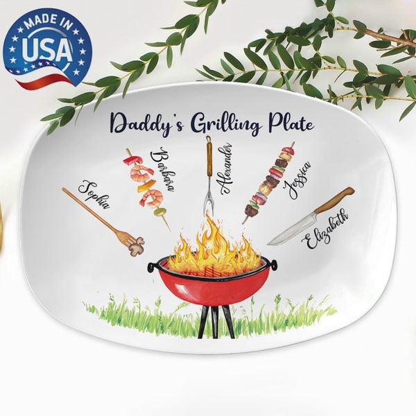 Grandpa Custom Grilling Platter With Kids Name, BBQ Platter Papa's Gift, Father's Day Gift For Dad From Daughter Son, Daddy's Grilling Plate
