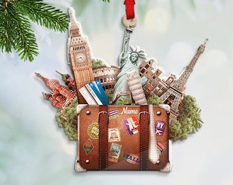Personalized Travel Suitcase Ornament, World Travel Trunk Christmas Ornament, Traveler Ornament Christmas Tree Decor, Travel Lovers Gift