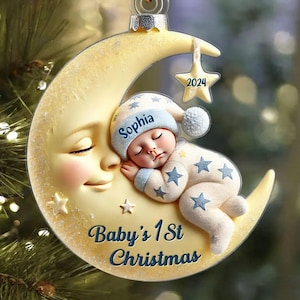 Baby’s First Christmas Ornament – Custom 3D Moon Acrylic Keepsake, Personalized Newborn Gift, Unique Holiday Decoration, Baby Gift Idea