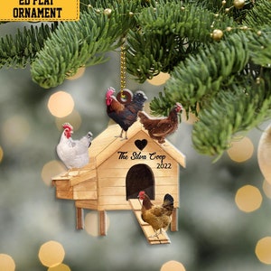Personalized Chicken Coop Ornament With Name, Christmas Chicken Ornament, Custom Chicken Farmhouse Ornament, Farm Chicken Christmas Ornament