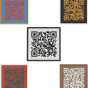 May include: Five different colored square patches with a black and white QR code in the center of each. The patches are blue, black, white, red, and brown.