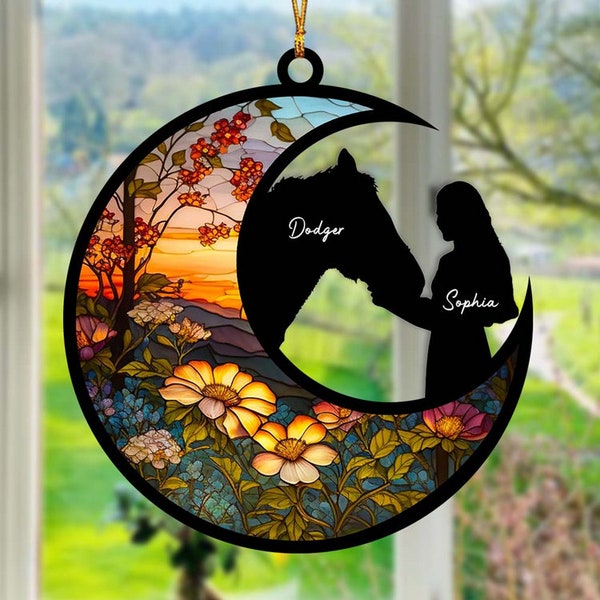 Personalized Horse Lover Gifts, Custom Name Girl and Horse Hanging Suncatcher Ornament, Custom Name and Background Suncatcher Xmas Ornament