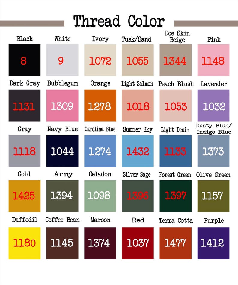 May include: A chart showing thread colors with their corresponding numbers. The colors include black, white, ivory, tusk/sand, doe skin beige, pink, dark gray, bubblegum, orange, light salmon, peach blush, lavender, gray, navy blue, carolina blue, summer sky, light denim, dusty blue/indigo blue, gold, army, celadon, silver sage, forest green, olive green, daffodil, coffee bean, maroon, red, terra cotta, and purple.