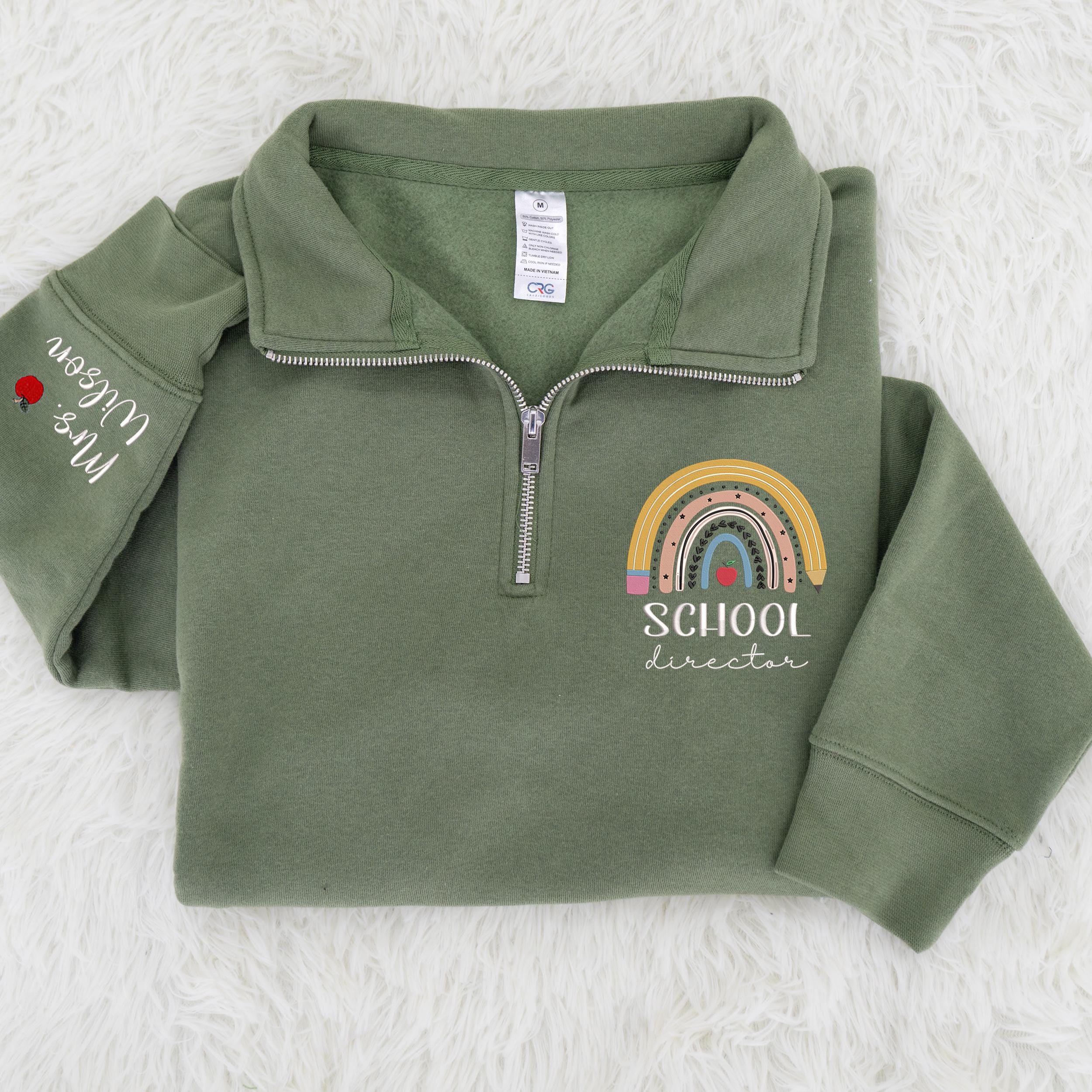 Personalized Embroidered School Director Quarter Zip Sweatshirt with Name on Sleeve, Custom School Pullover, Back to School Gift