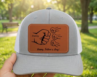 Custom Daddy Grandpa Papa Fist Bump Cap, Personalized Leather Patch Hat, Father's Day Hat For Papa Grandpa, Hat for New Daddy, Grandpa Gift