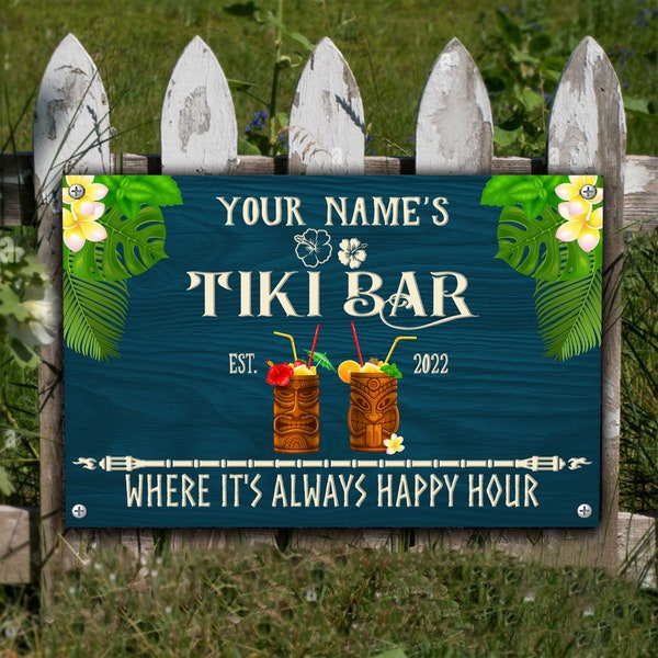 Customized Tiki Bar Metal Name Sign, Summer Tropical Poolside Patio Decor, New Home Gift, Beach Sign Bar Decor, Personalized Tiki Bar Sign