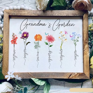 Birth Month Flower Frame Sign, Custom Grandma's Garden Wooden Frame With Grandkids Name, Personalized Birth Month For Mother's Day Gifts