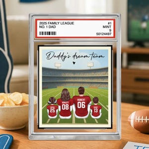 American Football Daddy's Dream Team No. 1 Dad Man & Kids Sitting Trading Card Style Personalized Acrylic Block Plaque, Gift for Dad,Husband